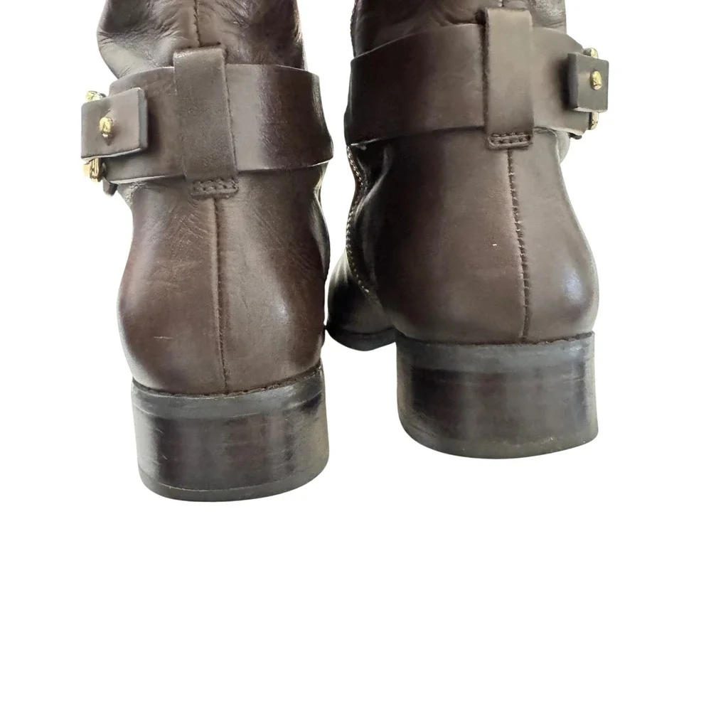 Michael Kors Brown Leather Riding Boots MK Logo Buckle Side‎ Zip Women Size 7.5M - Picture 7 of 10